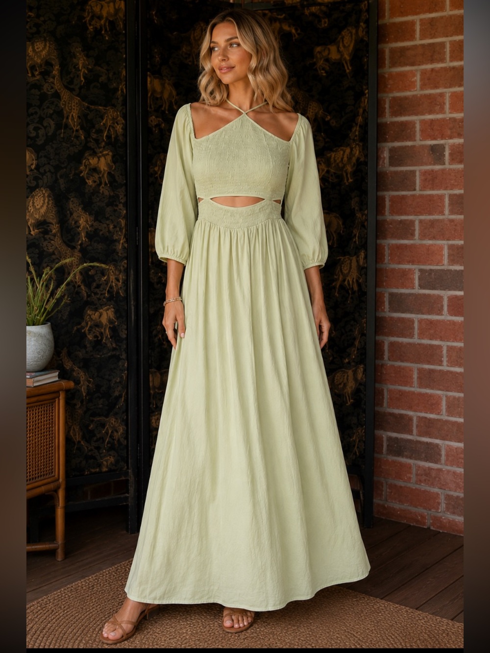 Light Green Long Sleeve Cutout Maxi Dress